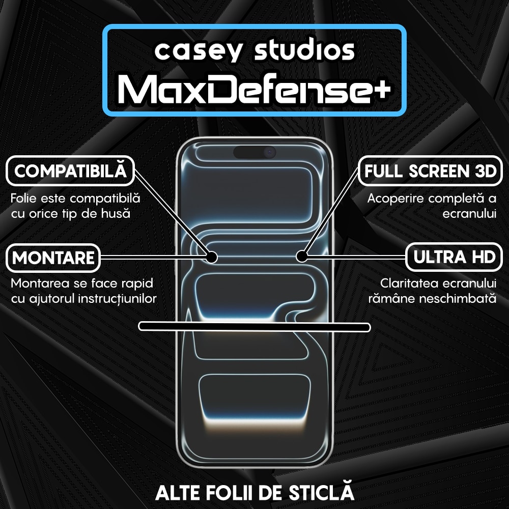 Folie Sticla CASEY STUDIOS™ compatibila cu iPhone 17 Pro Max, Full Cover 3D, Full Glue, Sticla Securizata, Duritate Militara, Ultra HD, Protectie Profesionala Ecran 3D, Anti Zgarieturi, Anti Socuri, Transparenta