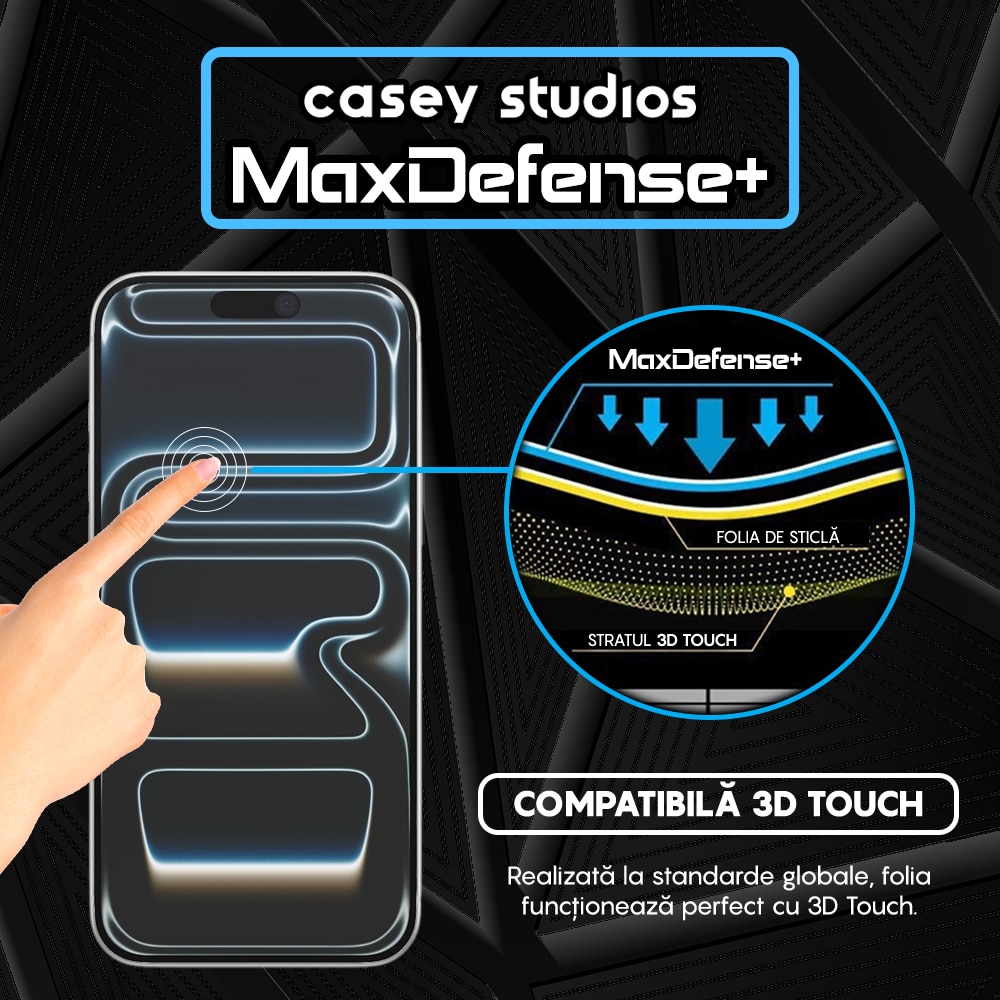 Folie Sticla CASEY STUDIOS™ compatibila cu iPhone 17 Pro Max, Full Cover 3D, Full Glue, Sticla Securizata, Duritate Militara, Ultra HD, Protectie Profesionala Ecran 3D, Anti Zgarieturi, Anti Socuri, Transparenta