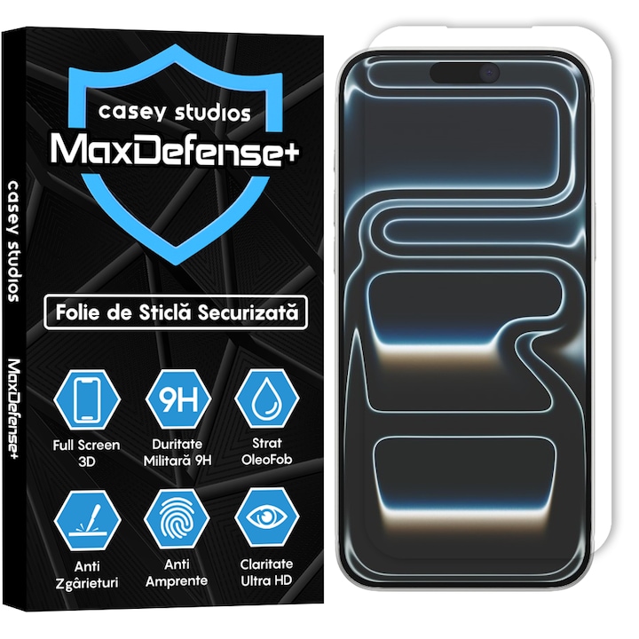 Folie Sticla CASEY STUDIOS™ compatibila cu iPhone 17 Pro Max, Full Cover 3D, Full Glue, Sticla Securizata, Duritate Militara, Ultra HD, Protectie Profesionala Ecran 3D, Anti Zgarieturi, Anti Socuri, Transparenta