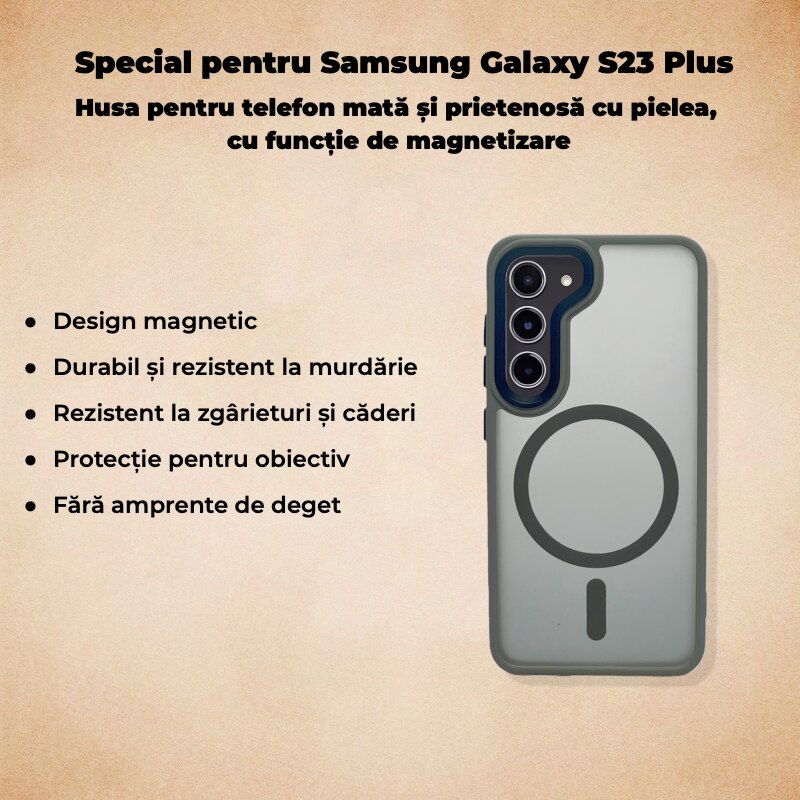 Carcasa magnetica pentru Samsung Galaxy S23+, gri, TPU+PC, rezistenta la amprente, antichoc – Protectie Completa, Compatibila cu Incarcare Wireless si Accesorii MagSafe