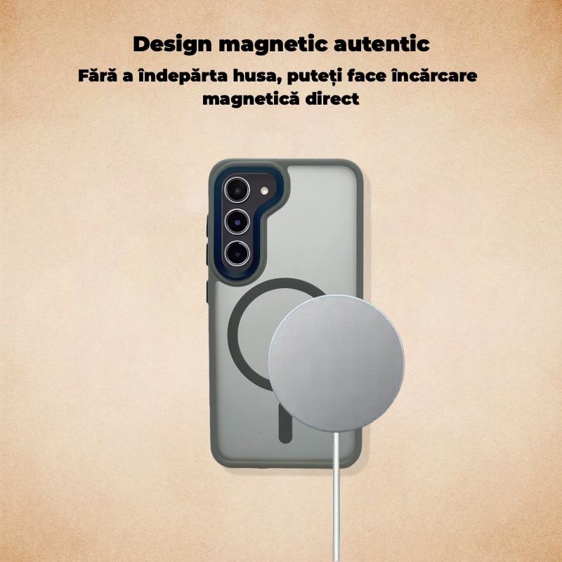 Carcasa magnetica pentru Samsung Galaxy S23+, gri, TPU+PC, rezistenta la amprente, antichoc – Protectie Completa, Compatibila cu Incarcare Wireless si Accesorii MagSafe