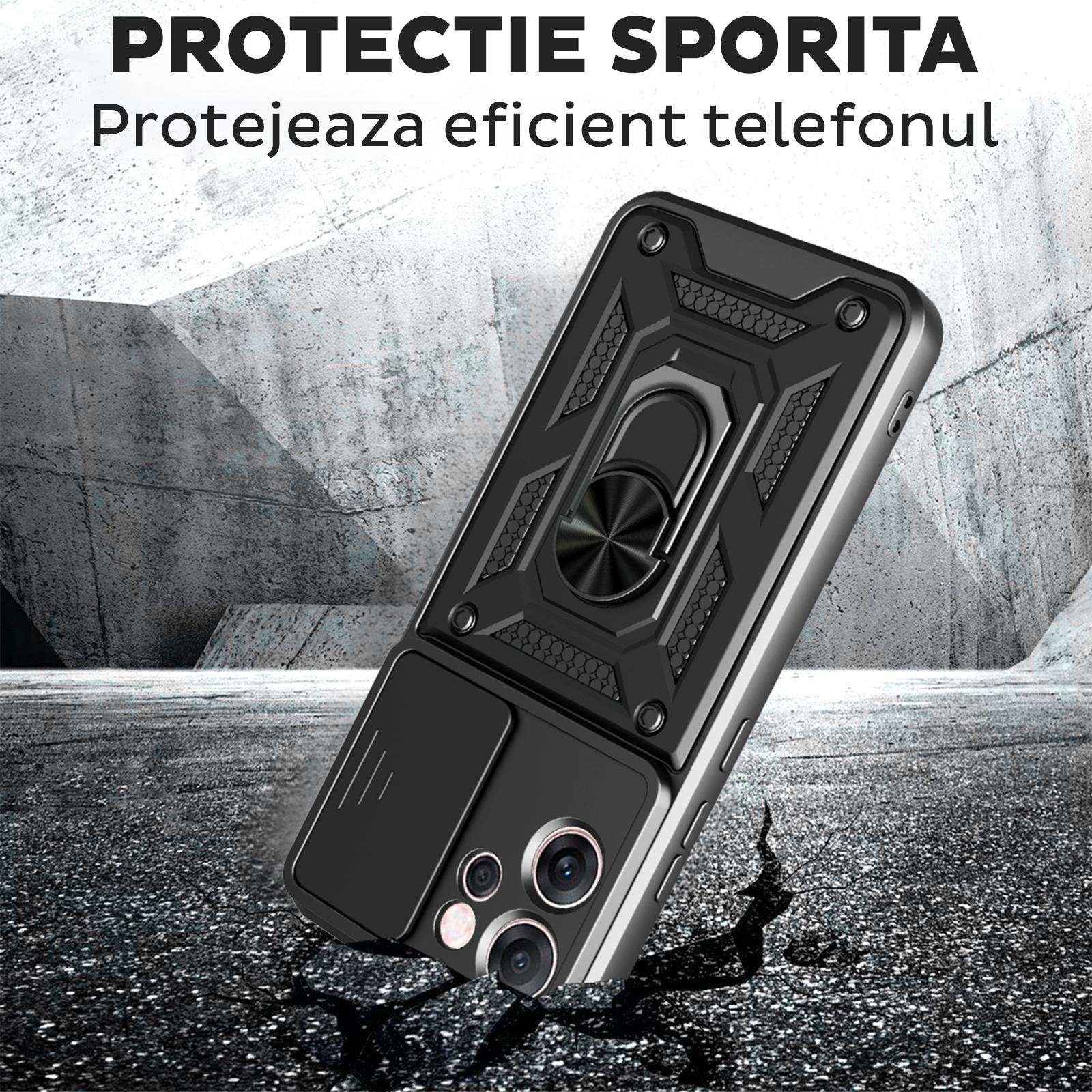 Husa pentru Oppo Reno 14 F / Reno 14 FS 5G cu inel rotativ 360 Daden, Camshield series, Hybrid Antisoc, Slider pentru protectia camerei, Argintiu