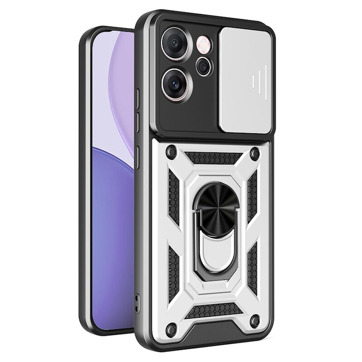 Husa pentru Oppo Reno 14 F / Reno 14 FS 5G cu inel rotativ 360 Daden, Camshield series, Hybrid Antisoc, Slider pentru protectia camerei, Argintiu