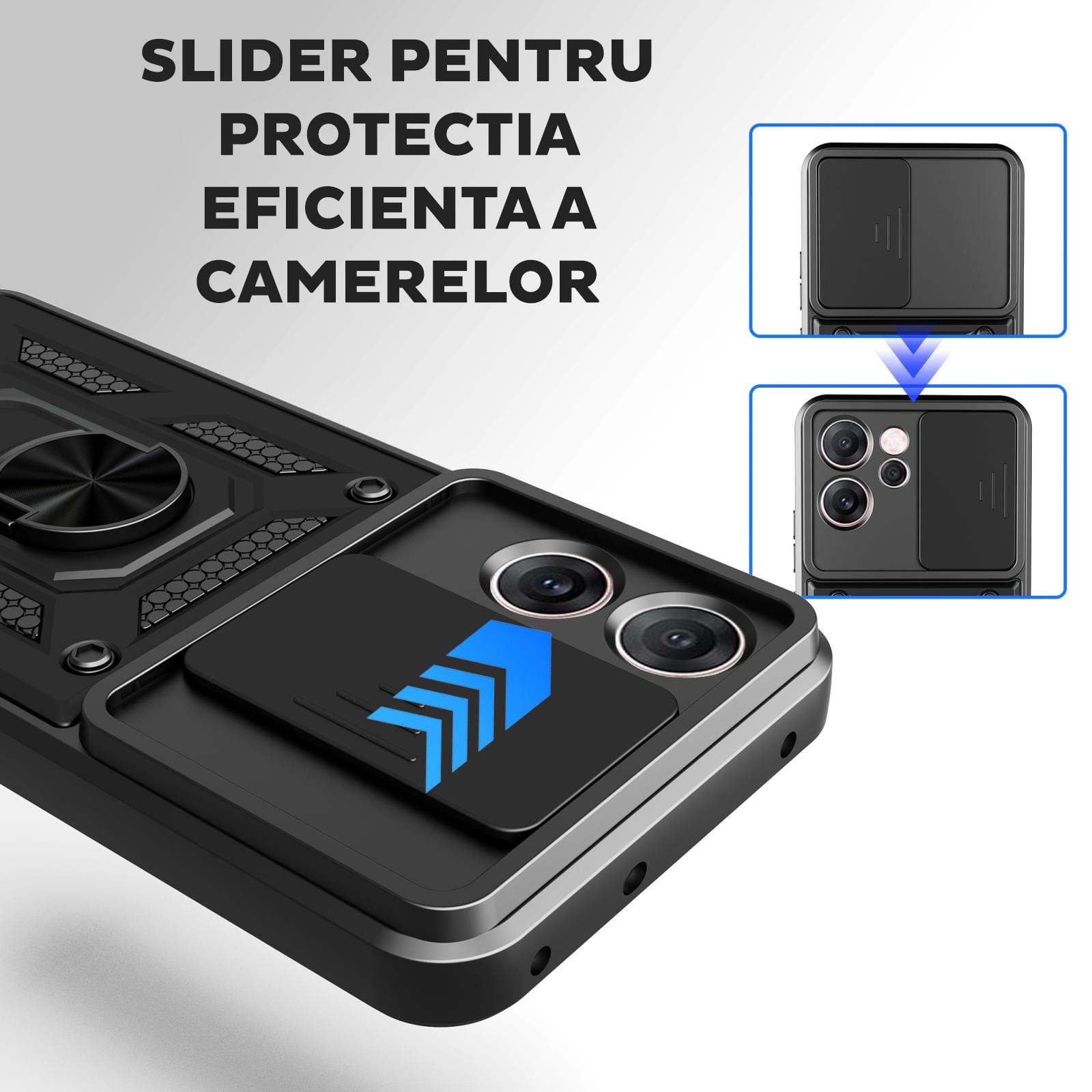 Husa pentru Oppo Reno 14 F / Reno 14 FS 5G cu inel rotativ 360 Daden, Camshield series, Hybrid Antisoc, Slider pentru protectia camerei, Argintiu