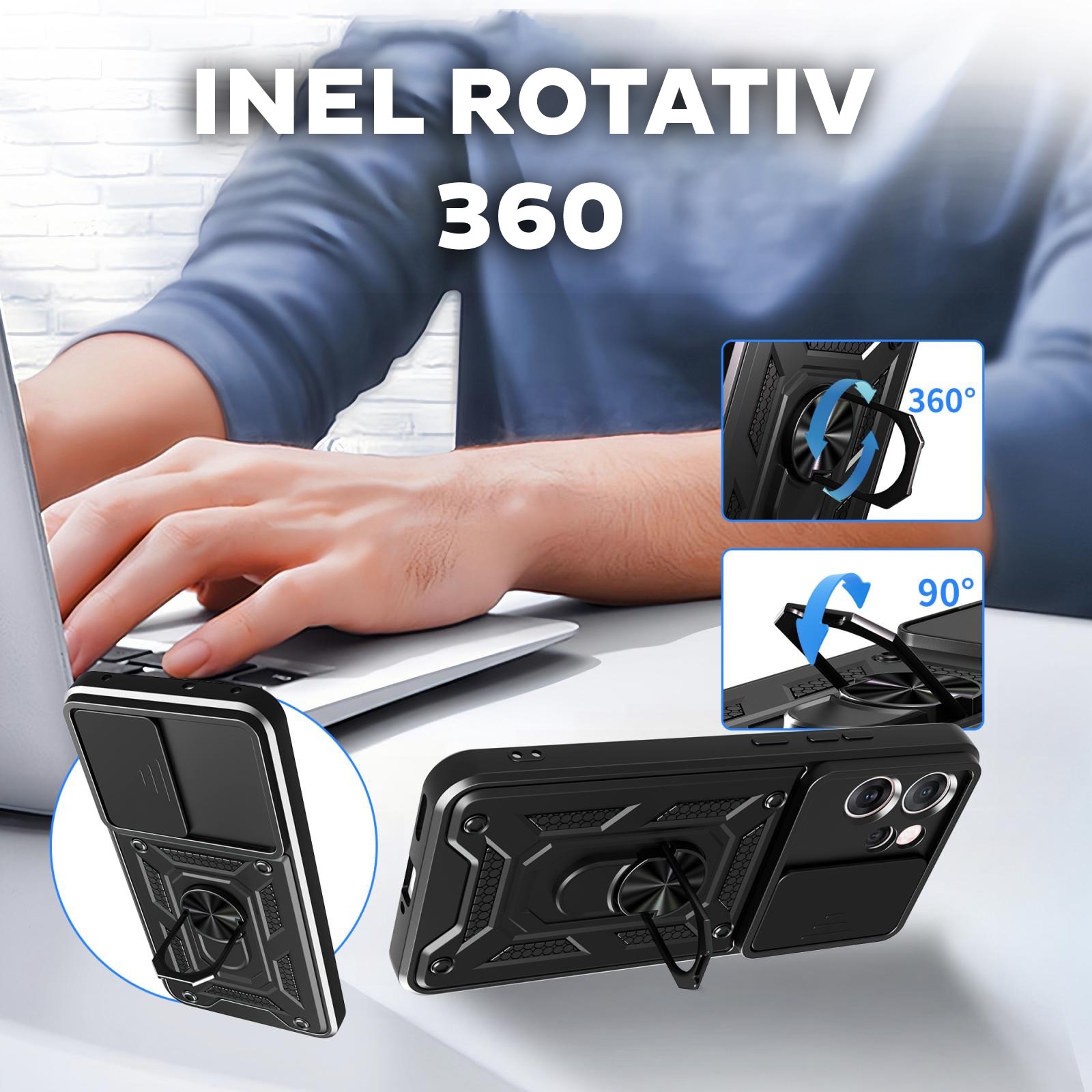Husa pentru Oppo Reno 14 F / Reno 14 FS 5G cu inel rotativ 360 Daden, Camshield series, Hybrid Antisoc, Slider pentru protectia camerei, Argintiu