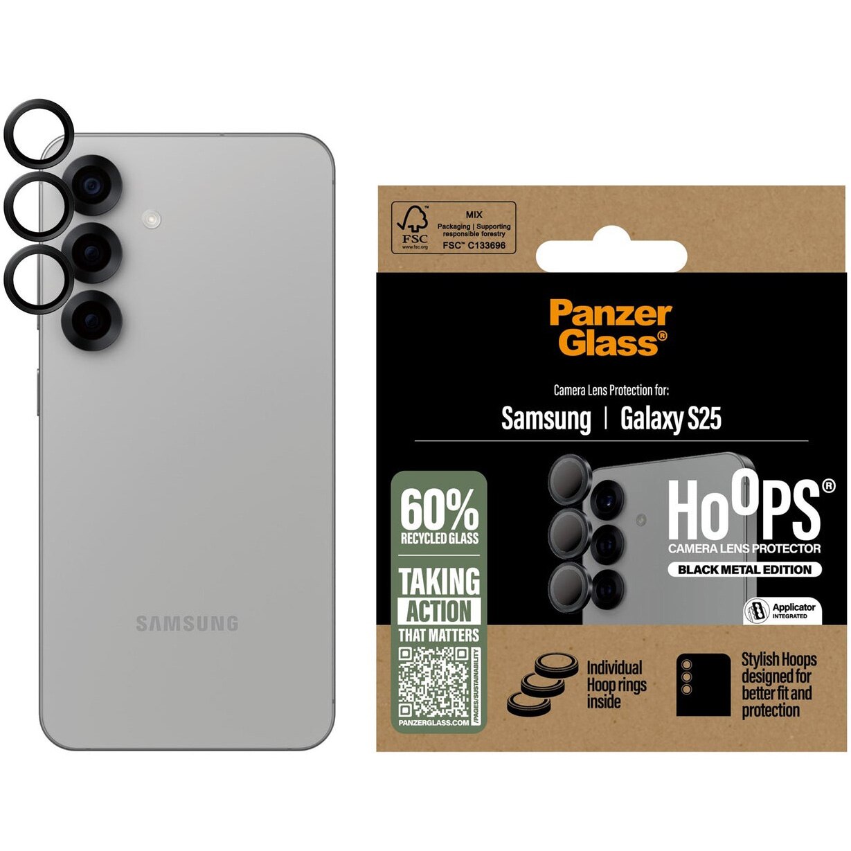 Folie de protectie sticla camera PanzerGlass Hoops pentru Samsung Galaxy S25, Negru