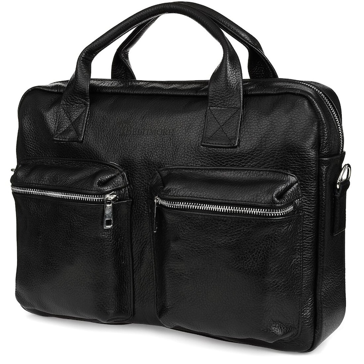 Geanta pentru laptop, Beltimore, Piele naturala, 15.6", Negru