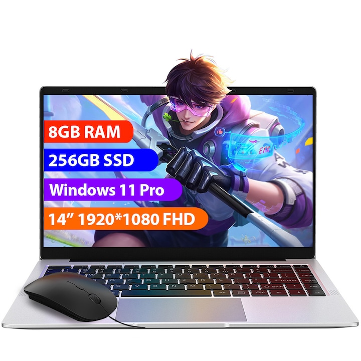 Laptop 14" cu procesor Intel Celeron N4120, 8GB RAM, 256GB SSD, 1920*1080 FHD, Windows 11 Pro, Intel® UHD Graphics 600, 5GHz Wifi, 5000mAh, Argintiu