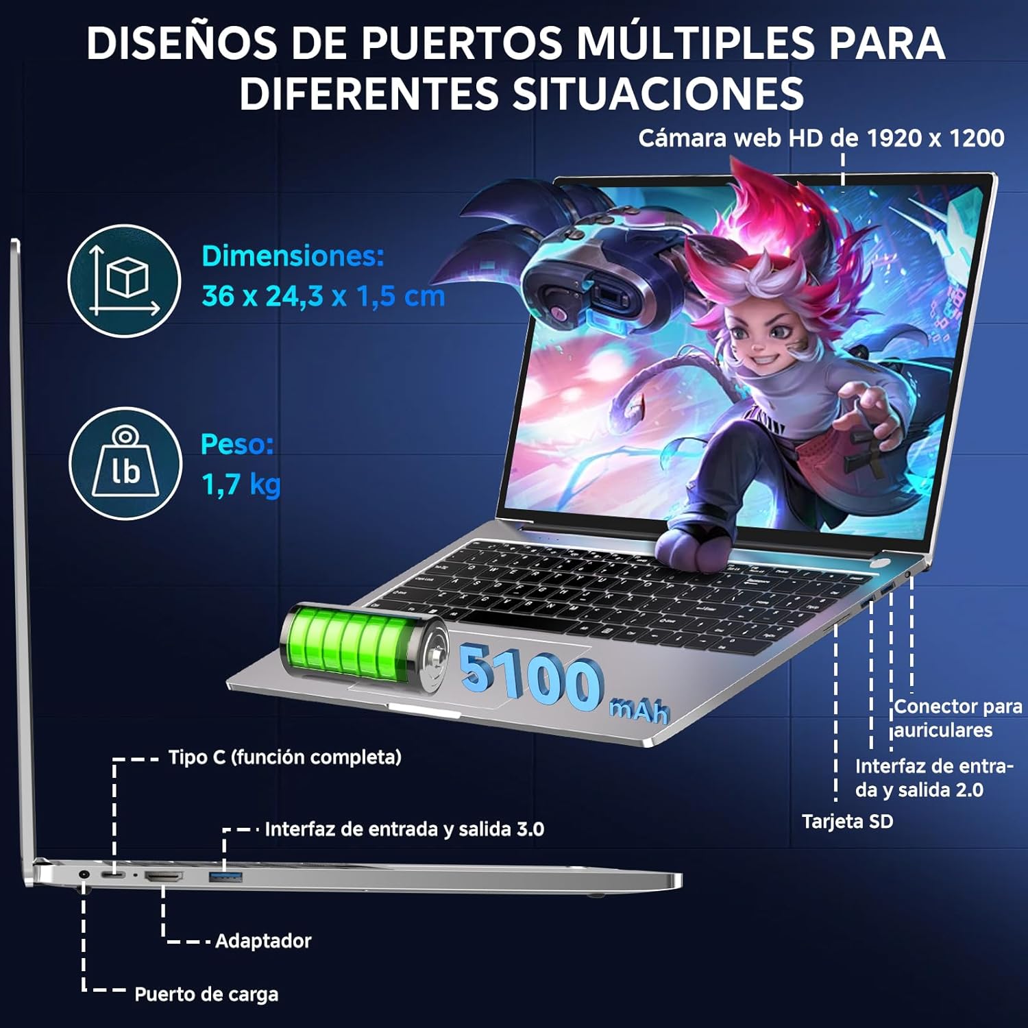 Gaming Notebook 16 GB RAM 512 GB 1 TB SSD expansiune Core i3 (pana la 3.2 GHz) Laptop Notebook 16 inch 1920 x 1200 IPS UHD 5G WiFi cu mouse si tastatura autocolante Italian-argintiu