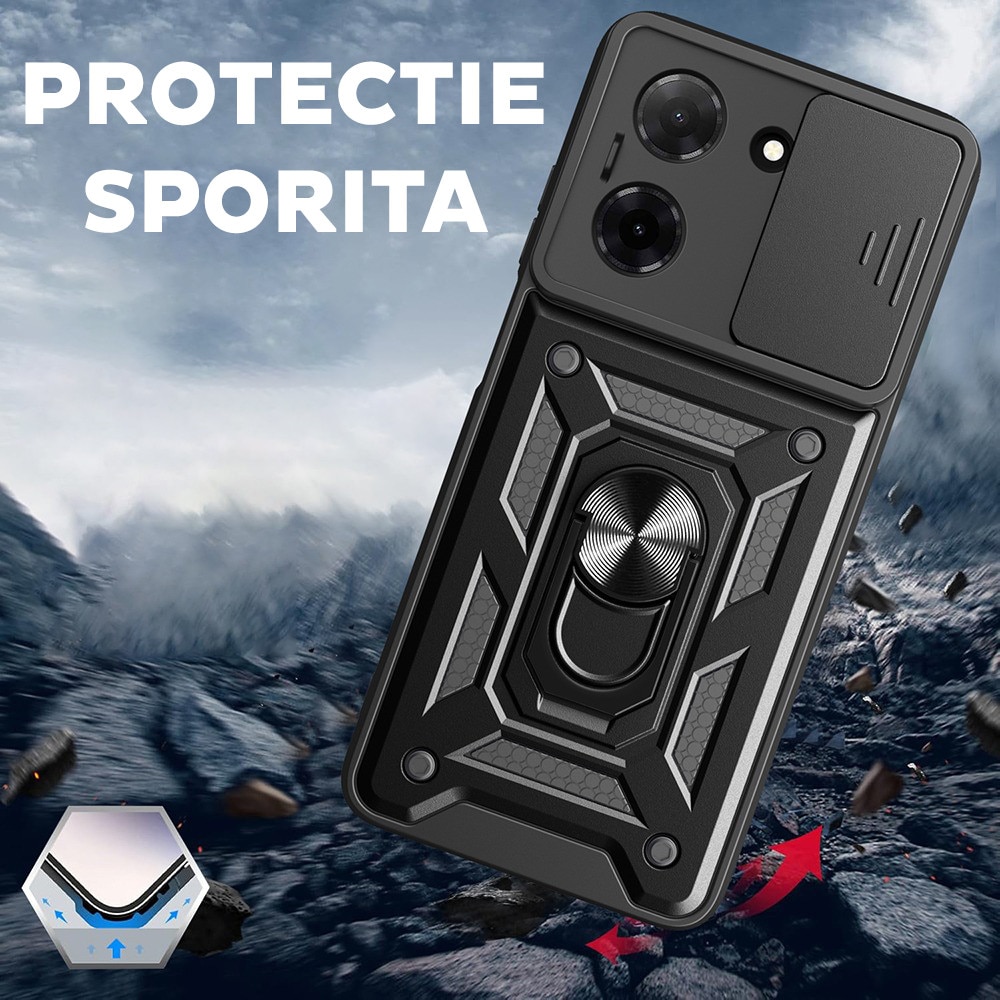 Husa pentru Motorola Moto G06 cu inel rotativ 360 Daden, Camshield series, Hybrid Antisoc, Slider pentru protectia camerei, Rosu