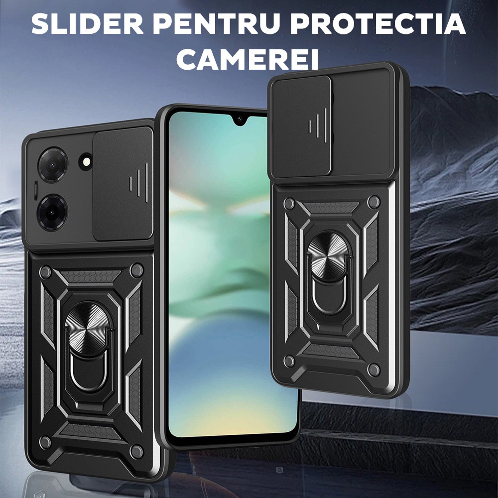 Husa pentru Motorola Moto G06 cu inel rotativ 360 Daden, Camshield series, Hybrid Antisoc, Slider pentru protectia camerei, Rosu