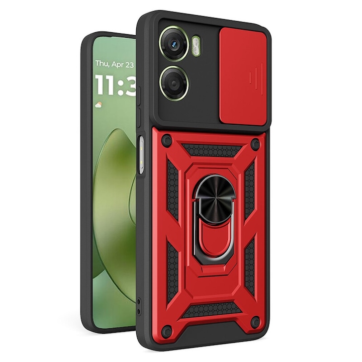 Husa pentru Motorola Moto G06 cu inel rotativ 360 Daden, Camshield series, Hybrid Antisoc, Slider pentru protectia camerei, Rosu