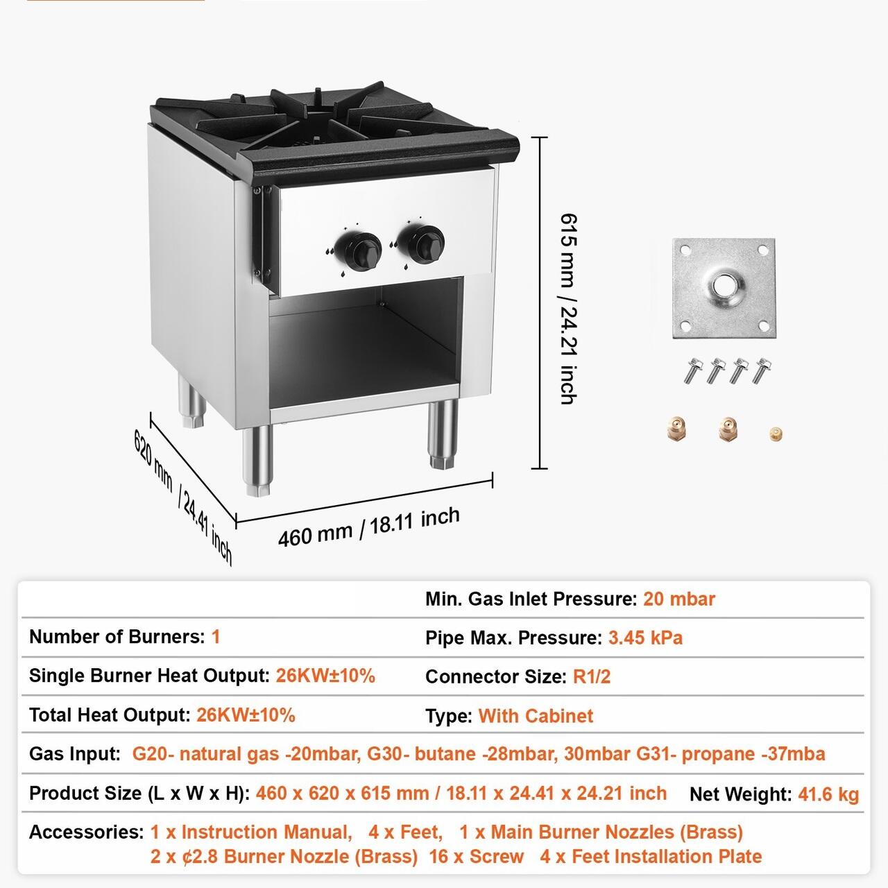 Aragaz profesional, 1 x Arzator, Inox si Fonta, 26 kW, dimensiune 460 x 620 x 615 mm