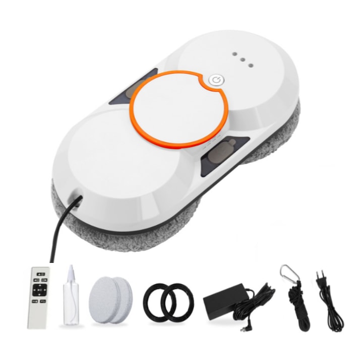 Robot de curatare geamuri, WALALLA, Spray de apa in doua cai, UPS incorporat, Doua rezervoare de apa de 30 ml, Cu telecomanda, 10 carpe de rezerva, Aspiratie 5600 Pa, Alb