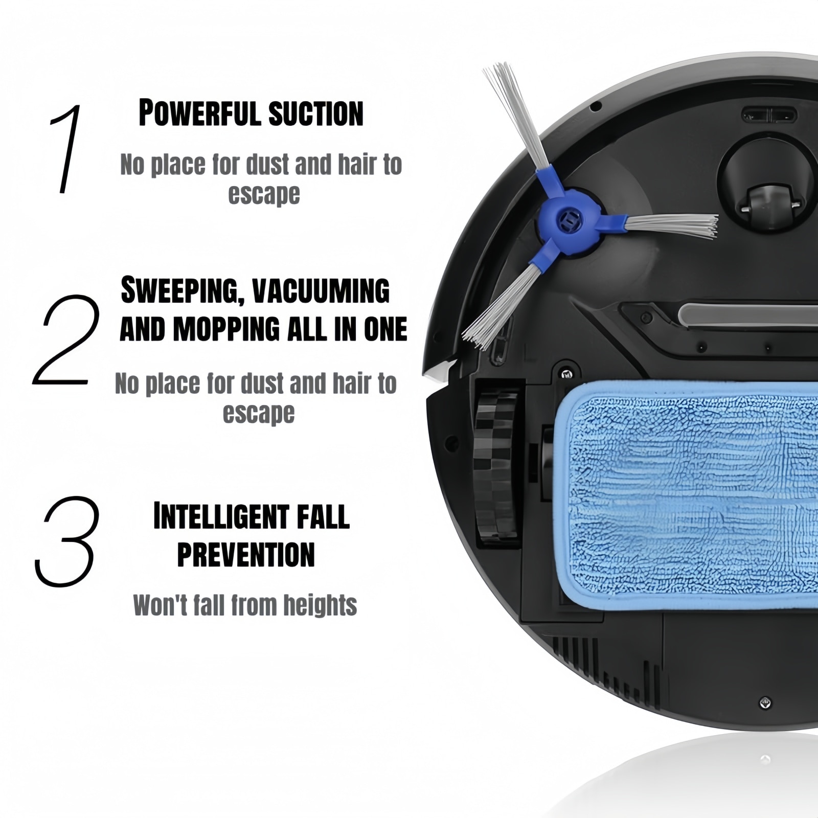 Aspirator Robot Inteligent 3in1, 2500 Pa, Reincarcare Automata, WiFi Silentios, Harti Etaje, Compatibil Google/Alexa, Negru