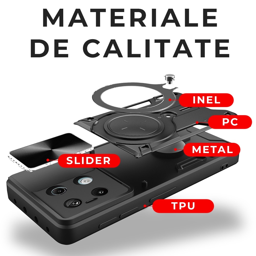 Husa pentru Xiaomi Redmi Note 13 5G, CamGuard Pro Kickstand, Slider Camera, Antisoc, Protectie Superioara, Negru