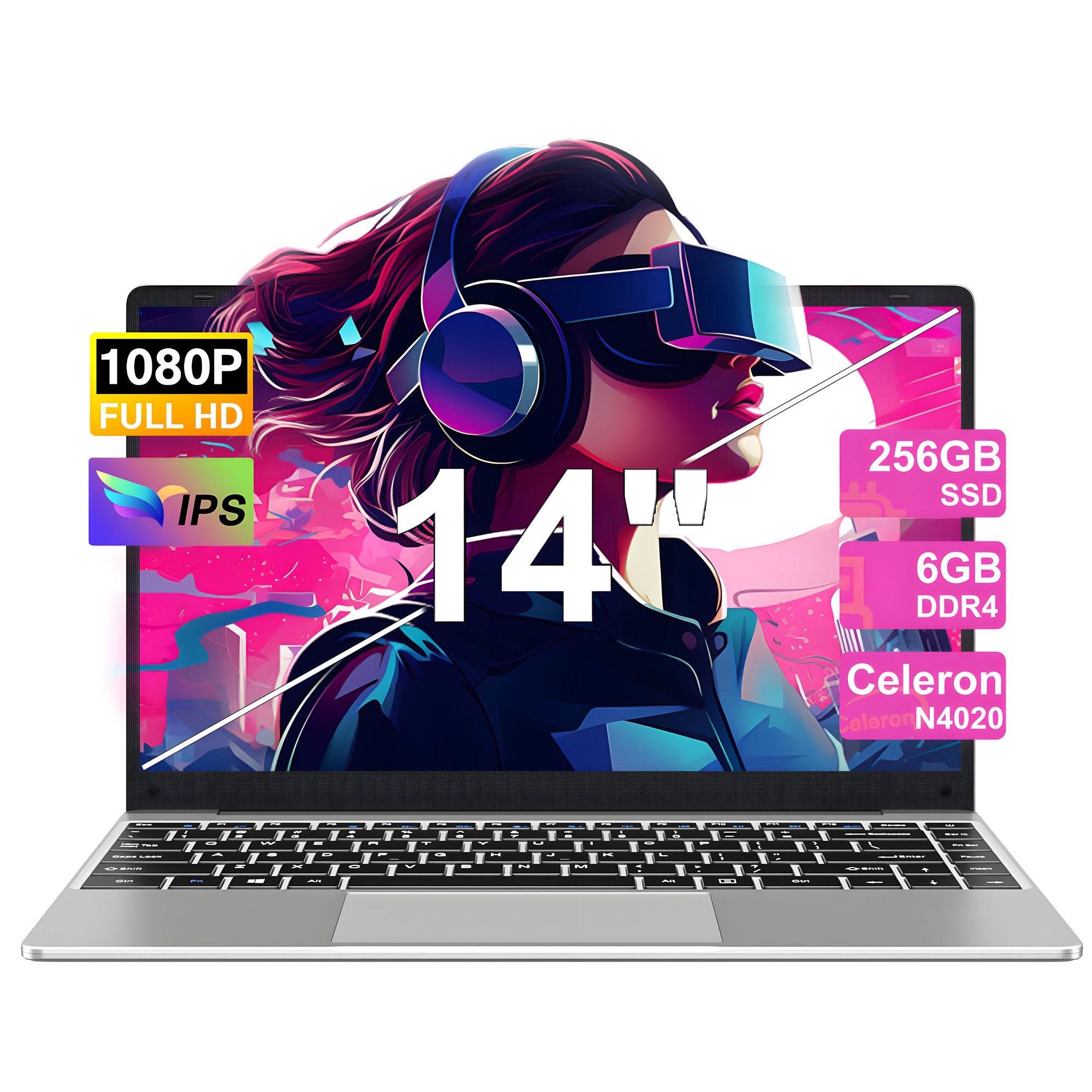 NOTODD N200 Laptop Win 11 cu 5G WiFi, 14 inchi Laptop 6GB RAM 256GB SSD 1TB SSD Expansiune, Bluetooth 4.2 3.0 Port Transmisie 1920 * 1080 FHD bun si Mini Port Multimedia-Argintiu