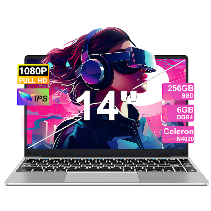 NOTODD N200 Laptop Win 11 cu 5G WiFi, 14 inchi Laptop 6GB RAM 256GB SSD 1TB SSD Expansiune, Bluetooth 4.2 3.0 Port Transmisie 1920 * 1080 FHD bun si Mini Port Multimedia-Argintiu