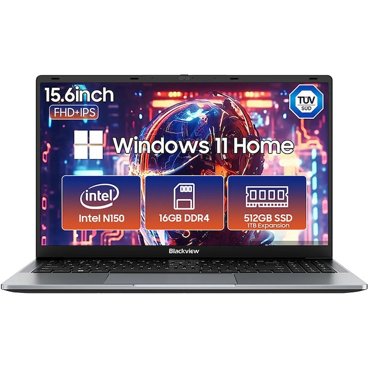 Blackview Laptop Blackview ACEBOOK 6, Laptop-uri pentru studenti de afaceri, Quad-Core N150(3.6GHz, Beat N5095 / N100), 15.6" FHD+ IPS, 16 GB, 512 GB, 100W Type-C incarcare rapida, 4K HDMI, Gris