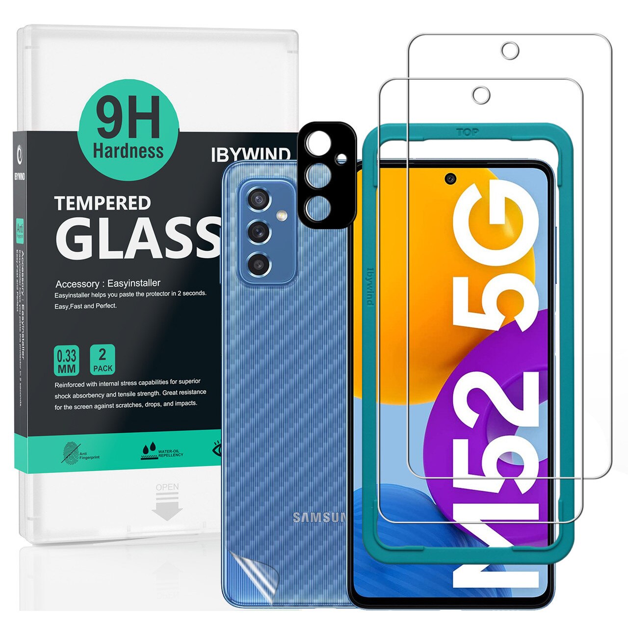 Folie Sticla Ibywind pentru Samsung Galaxy M52 5G, Pachet 2, Sticla Securizata, protectie pentru obiectiv, Montaj Usor, Duritate Militara, Ultra HD, Anti Zgarieturi, Anti Socuri