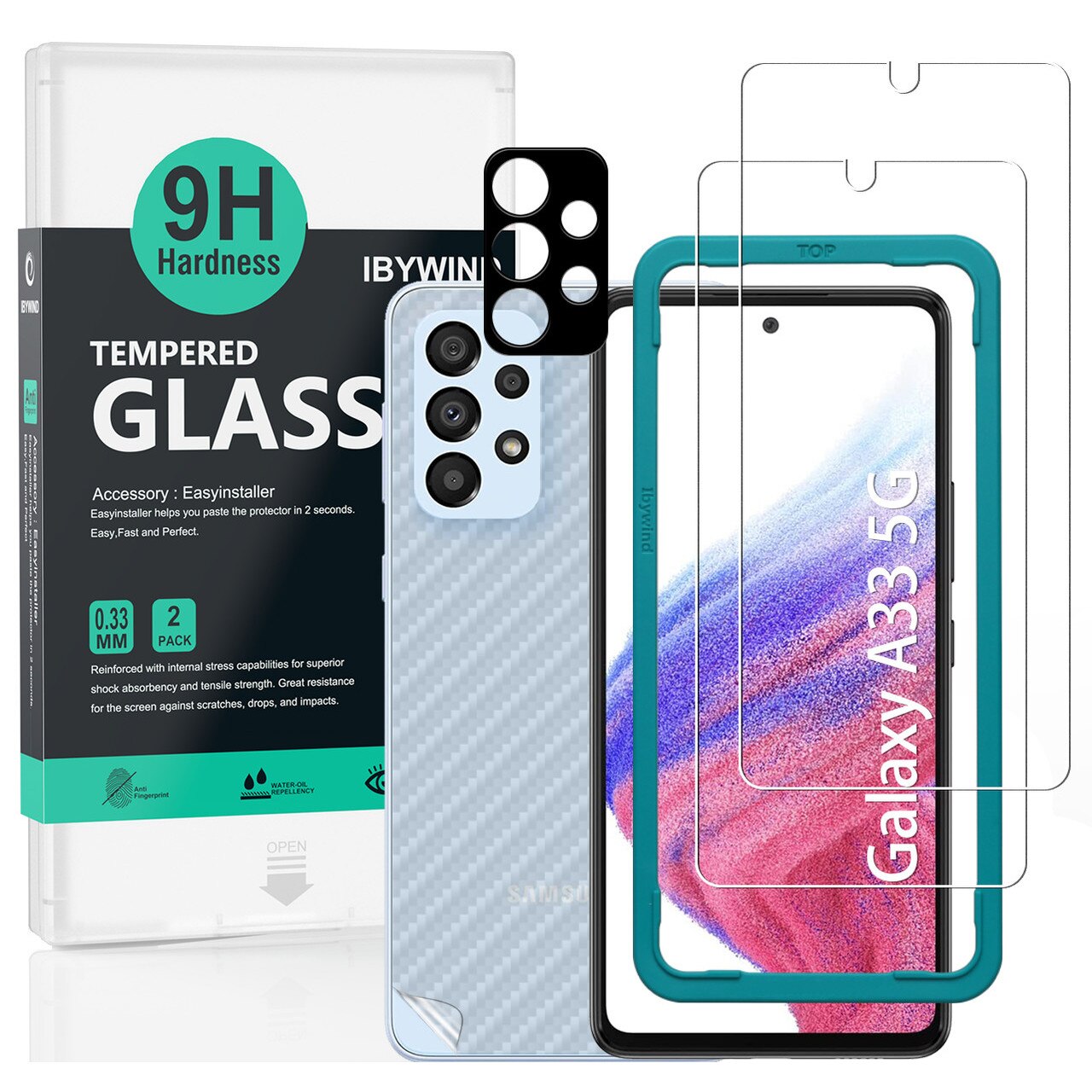 Folie Sticla Ibywind pentru Samsung Galaxy A33 5G, Pachet 2, Sticla Securizata, protectie pentru obiectiv, Montaj Usor, Duritate Militara, Ultra HD, Anti Zgarieturi, Anti Socuri