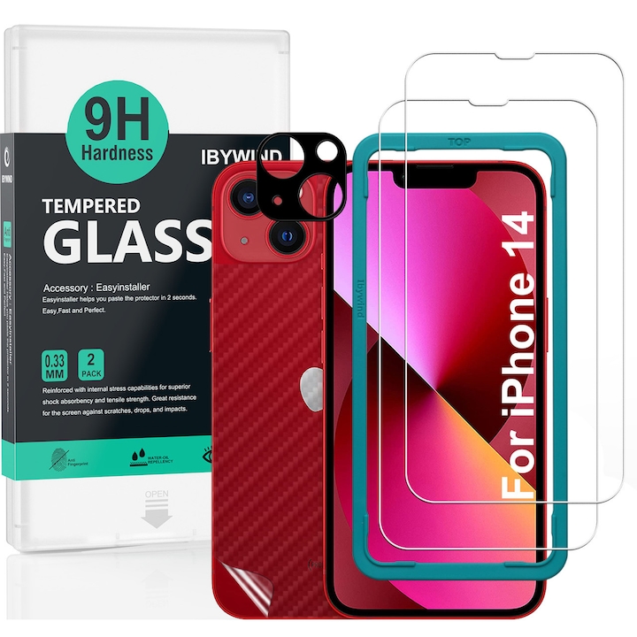 Folie Sticla Ibywind pentru iPhone 14 5G, Pachet 2, Sticla Securizata, protectie pentru obiectiv, Montaj Usor, Duritate Militara, Ultra HD, Anti Zgarieturi, Anti Socuri