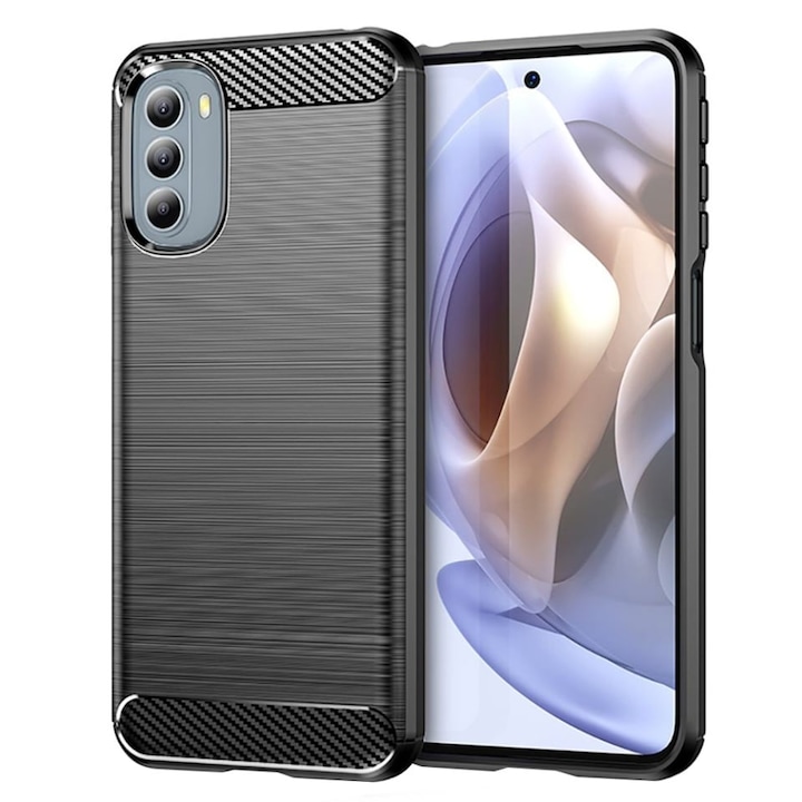 Husa pentru Motorola Moto G31 / Moto G41, SKYDDAR INNOVATION, Carbon Silicone, din Silicon Slim, cu textura Fibra Carbon, set cu sticker, Negru