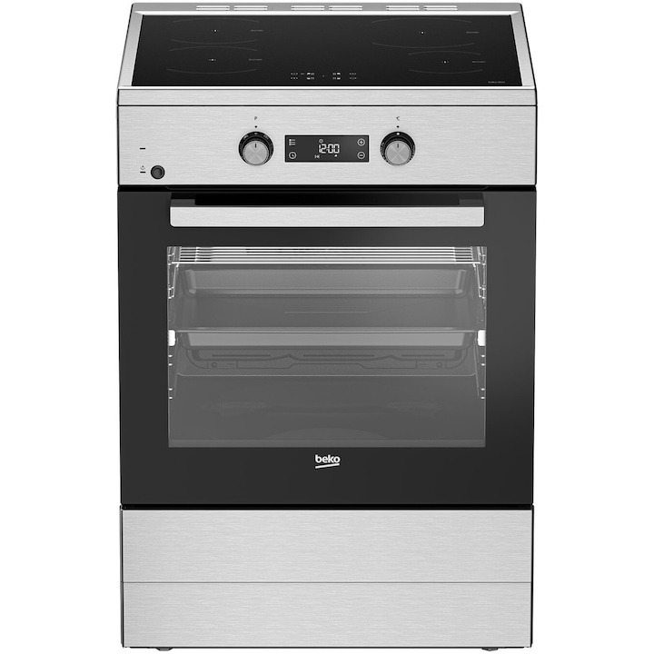 Aragaz Beko FSM69301SXT, Electric, 4 zone de gatit, Booster, SteamShine Cleaning, Gatire asistata de abur, Rafturi telescopice, Timer, Clasa A, 60 cm, Inox