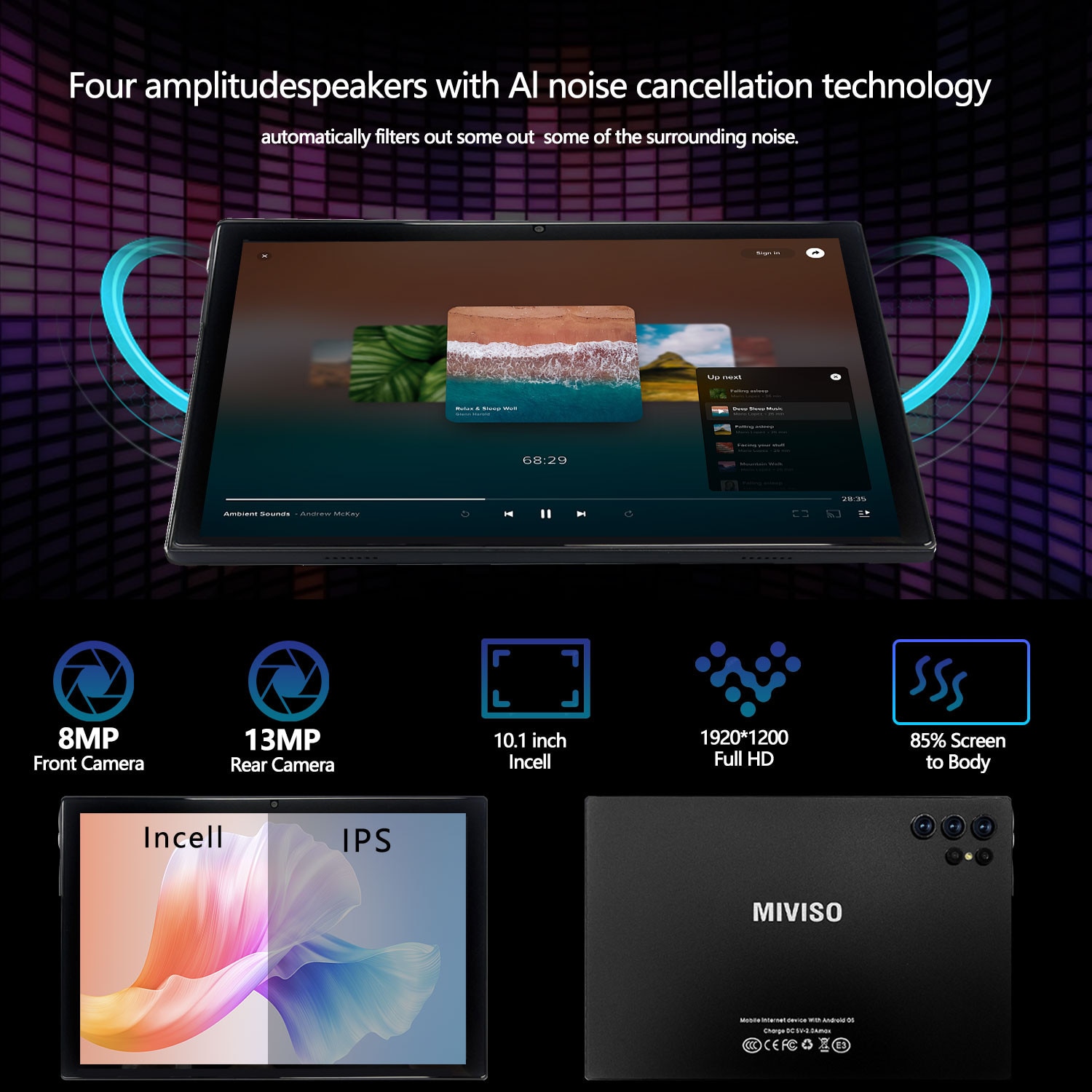Tableta 10.1" MIVISO®, Octa-Core, 4G LTE/5G WIFI, 8GB RAM, 256GB ROM, Android 13, 1920*1200, 8000mAh, 13MP+8MP, Negru,1920 x 1200 Cu SIM 10.1 inch 256 GB