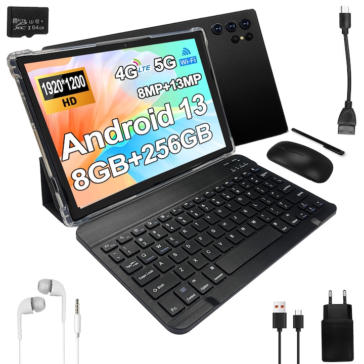 Tableta 10.1" MIVISO®, Octa-Core, 4G LTE/5G WIFI, 8GB RAM, 256GB ROM, Android 13, 1920*1200, 8000mAh, 13MP+8MP, Negru,1920 x 1200 Cu SIM 10.1 inch 256 GB