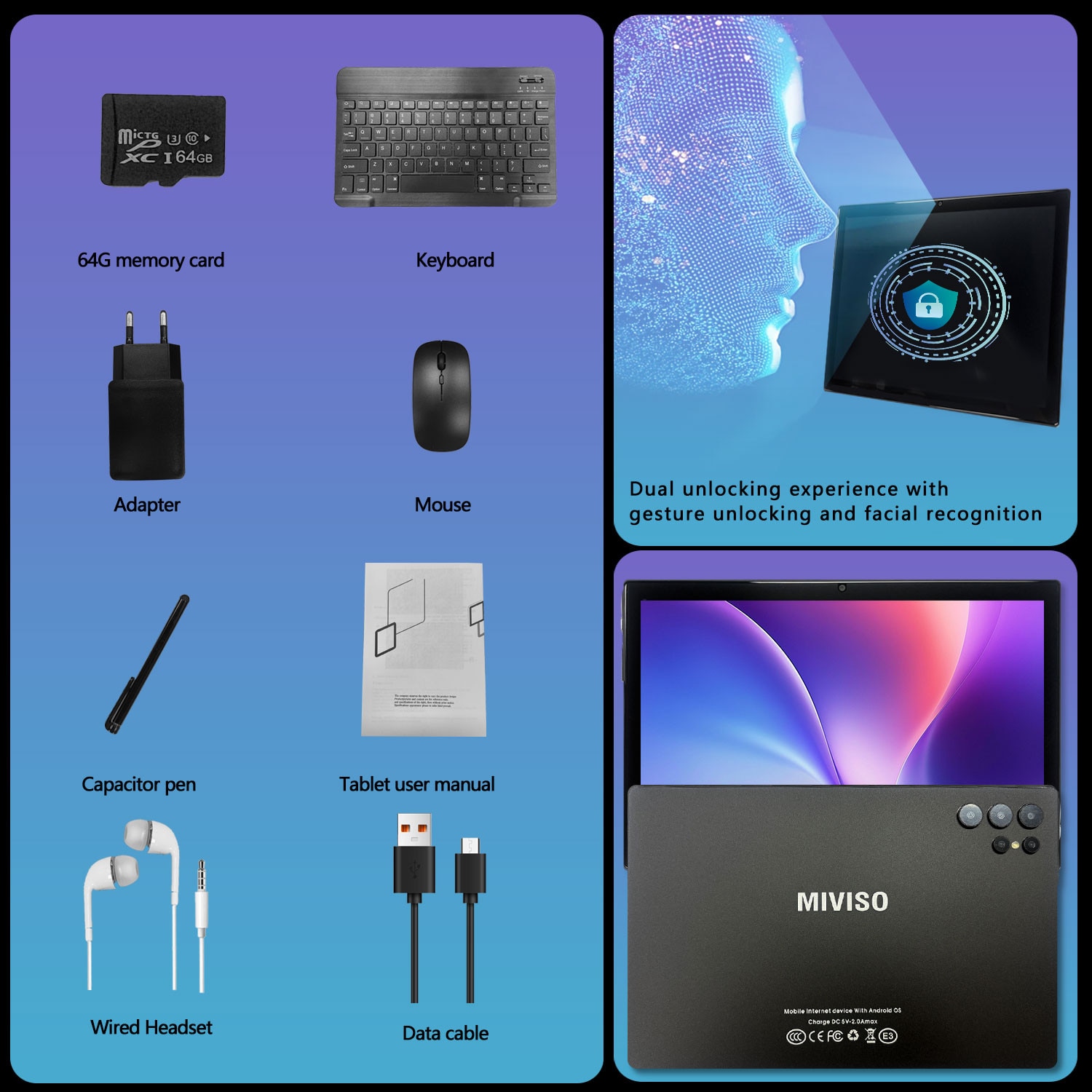 Tableta 10.1" MIVISO®, Octa-Core, 4G LTE/5G WIFI, 8GB RAM, 256GB ROM, Android 13, 1920*1200, 8000mAh, 13MP+8MP, Negru,1920 x 1200 Cu SIM 10.1 inch 256 GB