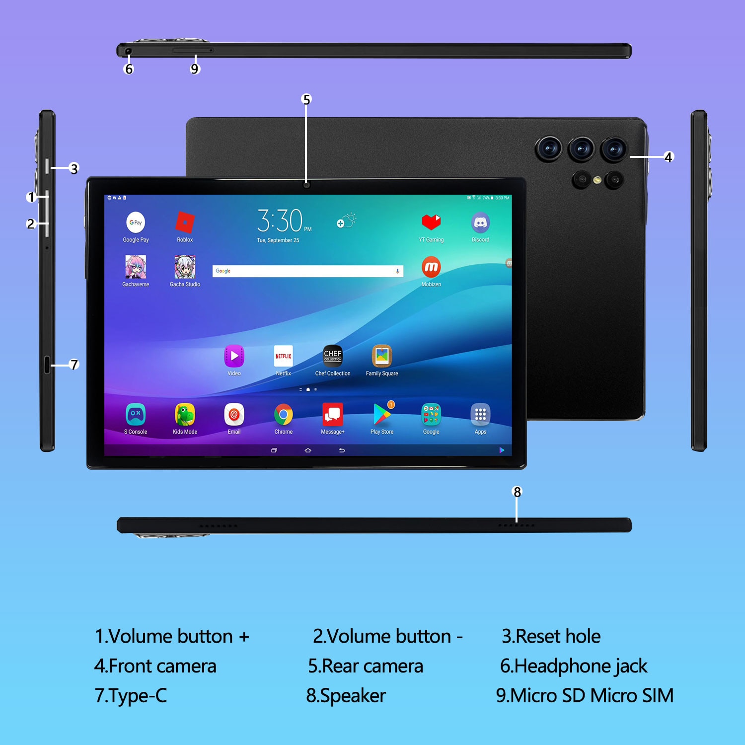 Tableta 10.1" MIVISO®, Octa-Core, 4G LTE/5G WIFI, 8GB RAM, 256GB ROM, Android 13, 1920*1200, 8000mAh, 13MP+8MP, Negru,1920 x 1200 Cu SIM 10.1 inch 256 GB
