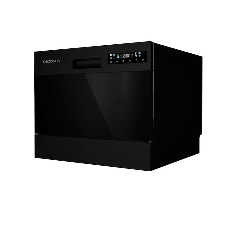 Mini masina de spalat vase Cecotec, Bolero Aguazero Dark Mini, capacitate 6 seturi, 8 programe prestabilite, functie Dry+, temperatura max 70°C, functie antibacteriana Germ Shield, pornire programabila, autocuratare Machine Care, ecran LED, negru