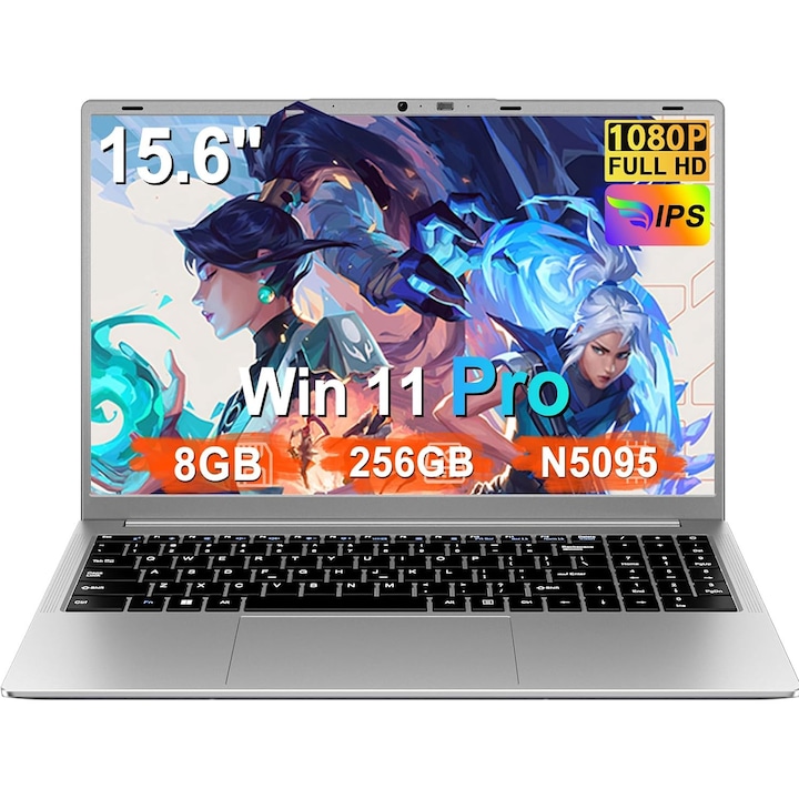 Laptop Computer 15.6 Inch Celeron N5095 Pana la 2,9 GHz Win11 Pro Laptops 8GB RAM 256GB SSD TF 1TB LPDDR4 5G WiFi 1920*1080 FHD USB 3.0 Widevine L1 Laptop Protective Film English - Silver