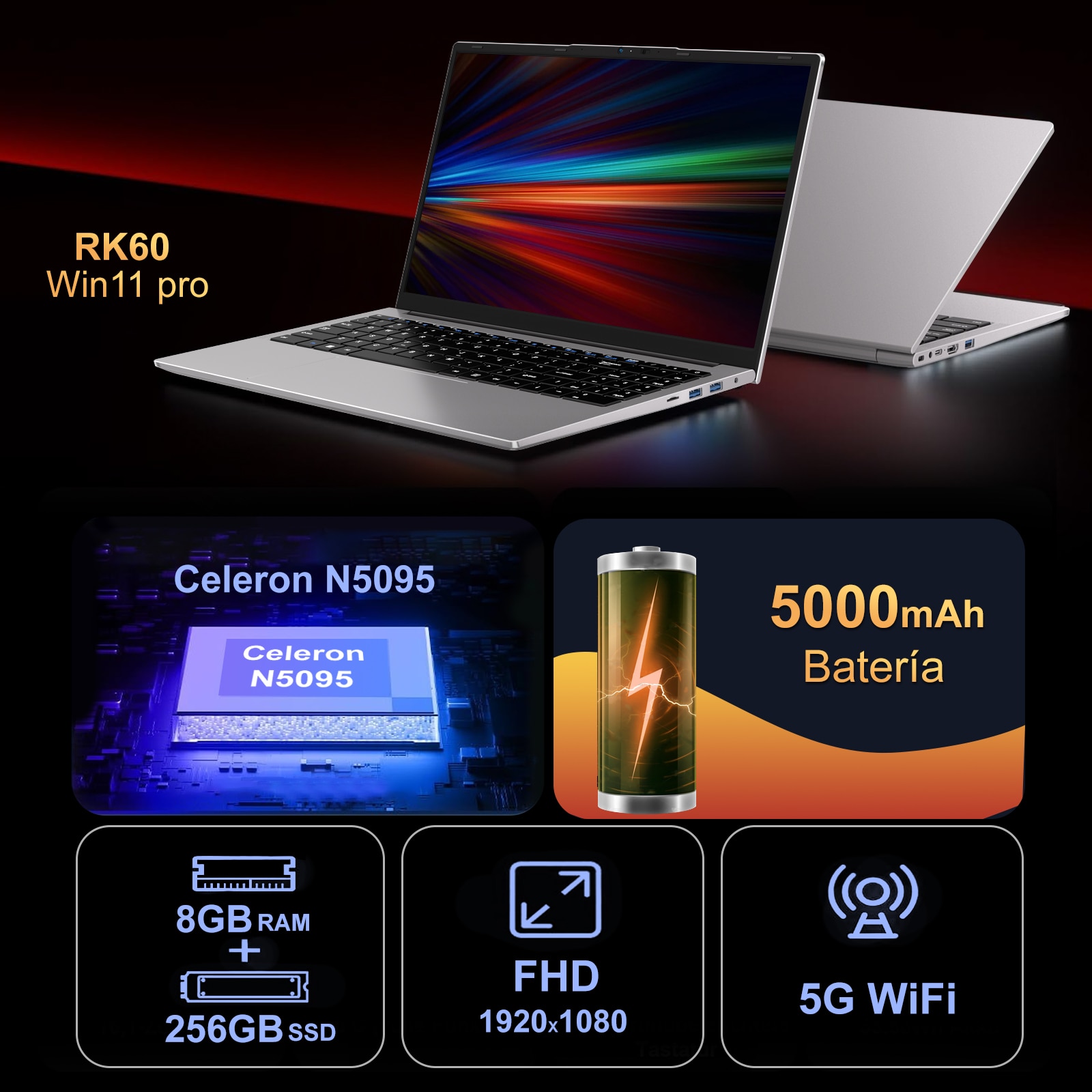 Laptop Computer 15.6 Inch Celeron N5095 Pana la 2,9 GHz Win11 Pro Laptops 8GB RAM 256GB SSD TF 1TB LPDDR4 5G WiFi 1920*1080 FHD USB 3.0 Widevine L1 Laptop Protective Film English - Silver