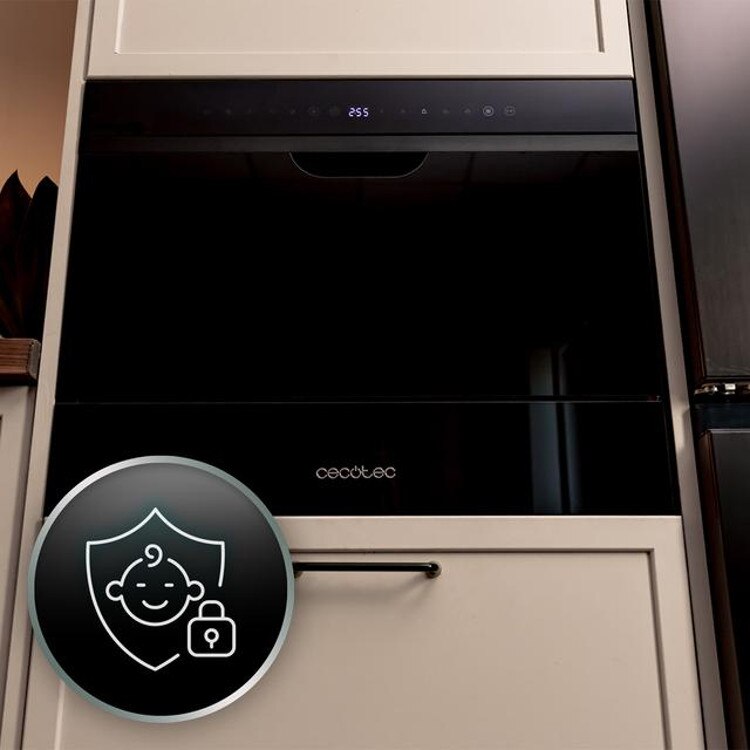 Mini masina de spalat vase incorporabila Cecotec, Bolero Aguazero 2500 S-BI Black, capacitate 6 seturi, 5 programe prestabilite, Child Lock, Delay Start, panou de control tactil, cos pentru tacamuri, design modern, negru