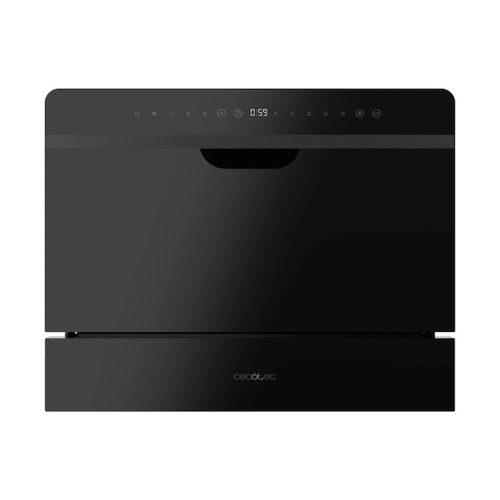 Mini masina de spalat vase incorporabila Cecotec, Bolero Aguazero 2500 S-BI Black, capacitate 6 seturi, 5 programe prestabilite, Child Lock, Delay Start, panou de control tactil, cos pentru tacamuri, design modern, negru