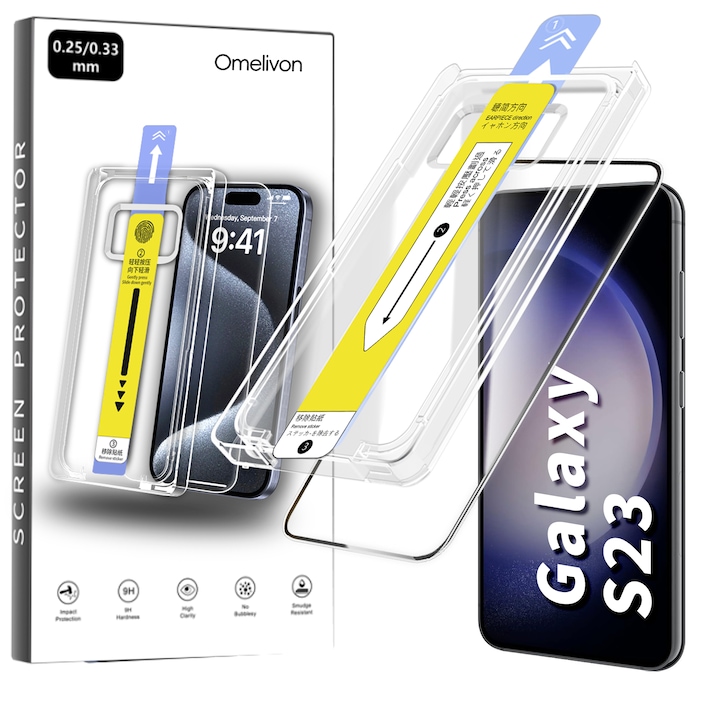 Folie de Protectie pentru Samsung Galaxy S23, Omelivon, Sticla Securizata, Full Cover, Margini negre, cu Kit de Aplicare Instanta si Functie Automata de Indepartare a Prafului, Duritate 9H+, Ultra HD, Anti Amprente