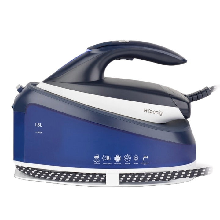 Statie de calcat H.Koenig, V7, presiune abur 5.5 bar, 2200 W, debit abur 120 g/min, + utilizare verticala pentru calcarea perdelelor sau hainelor direct pe umeras, rezervor detasabil si reincarcabil in timpul utilizarii, talpa ceramica, bleumarin