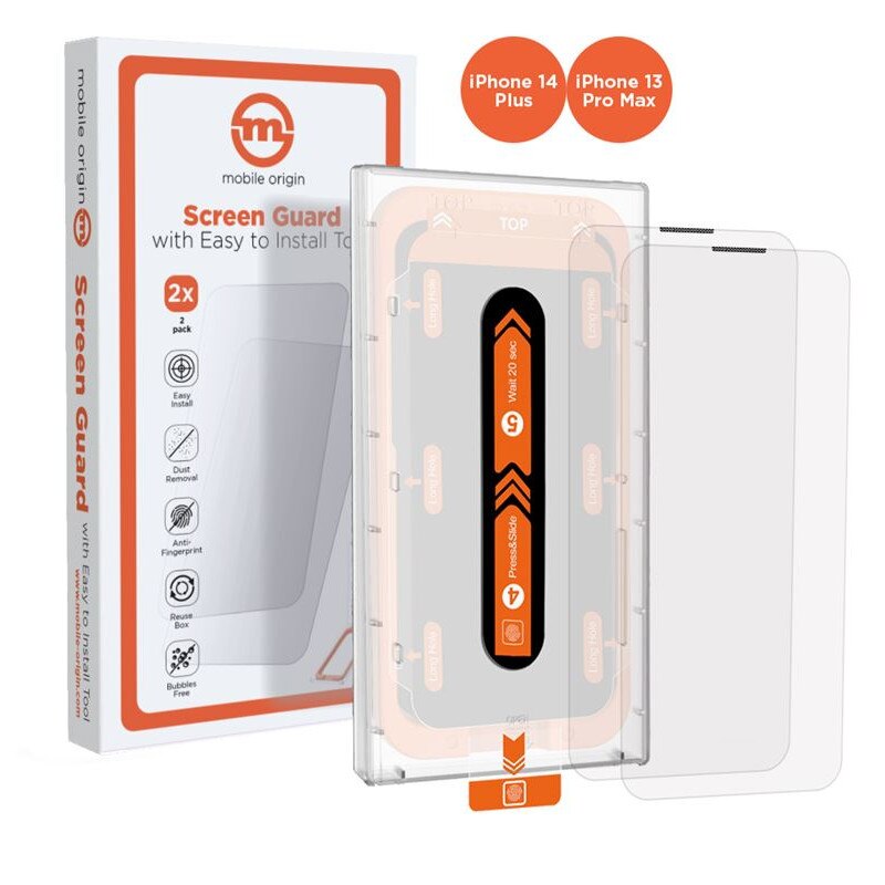 Set 2 folii sticla transparente cu sistem de montare Mobile Origin Screen Guard compatibil cu iPhone 14 Plus / 13 Pro Max