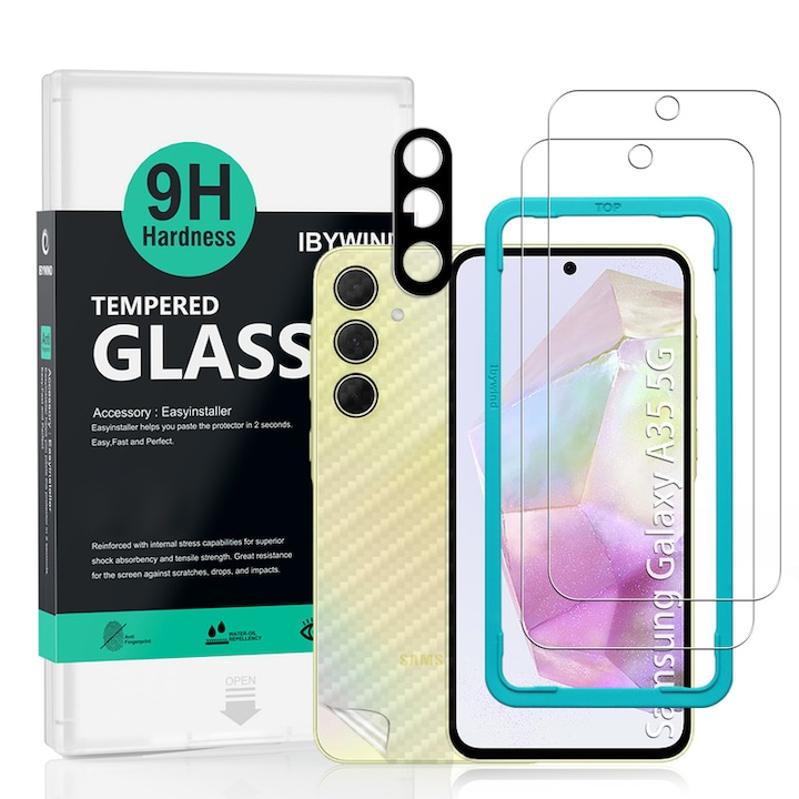 Folie Sticla Ibywind pentru Samsung Galaxy A35 5G, Pachet 2, Sticla Securizata, protectie pentru obiectiv, Montaj Usor, Duritate Militara, Ultra HD, Anti Zgarieturi, Anti Socuri