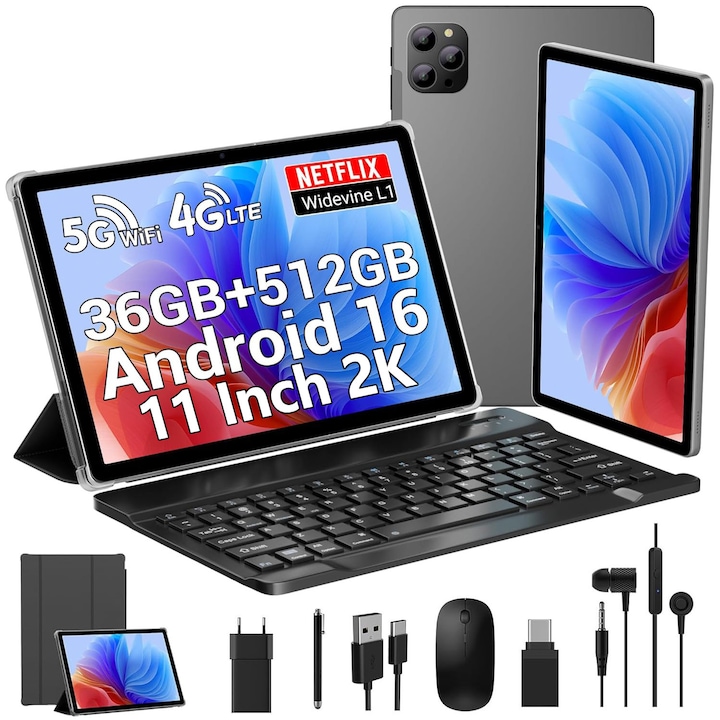 Tableta 11" BEYNIVAN 2000*1200 2K, Octa-Core, 36(12+24)GB RAM, 512GB ROM, Android 16, 4G LTE/SIM/5GHz WIFI, Widevine L1, 13MP+8MP, 8000mAh, Gri
