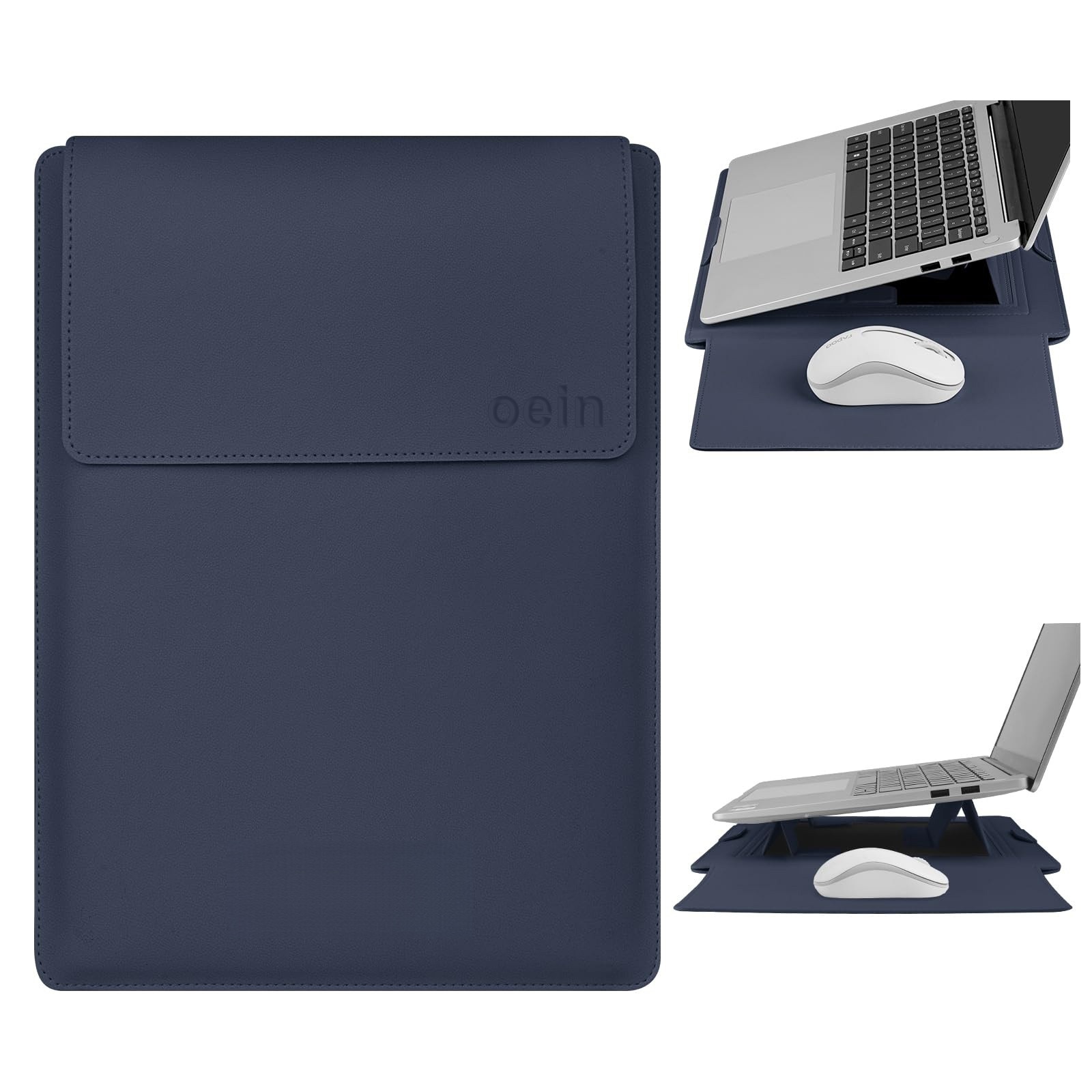 Husa Laptop 15-16 inch, oein®, 3 in 1 cu foldable stand, compatibila cu MacBook Air, MacBook Pro, Piele Ecologica, Marime Universala, 38 x 28 cm, Albastru inchis