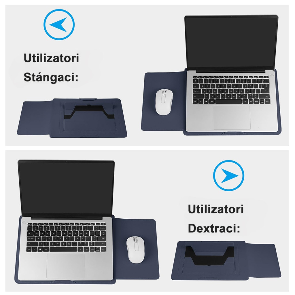 Husa Laptop 15-16 inch, oein®, 3 in 1 cu foldable stand, compatibila cu MacBook Air, MacBook Pro, Piele Ecologica, Marime Universala, 38 x 28 cm, Albastru inchis