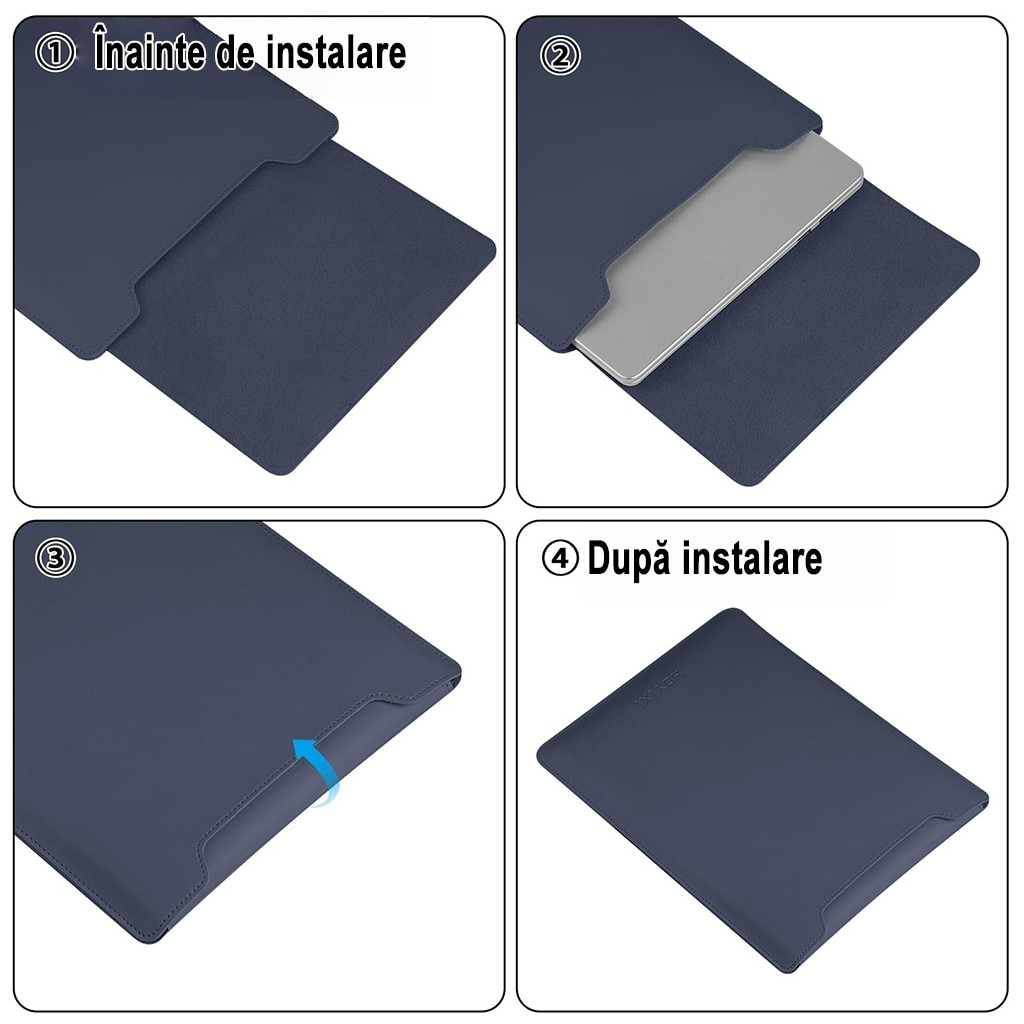 Husa Laptop 15-16 inch, oein®, 3 in 1 cu foldable stand, compatibila cu MacBook Air, MacBook Pro, Piele Ecologica, Marime Universala, 38 x 28 cm, Albastru inchis
