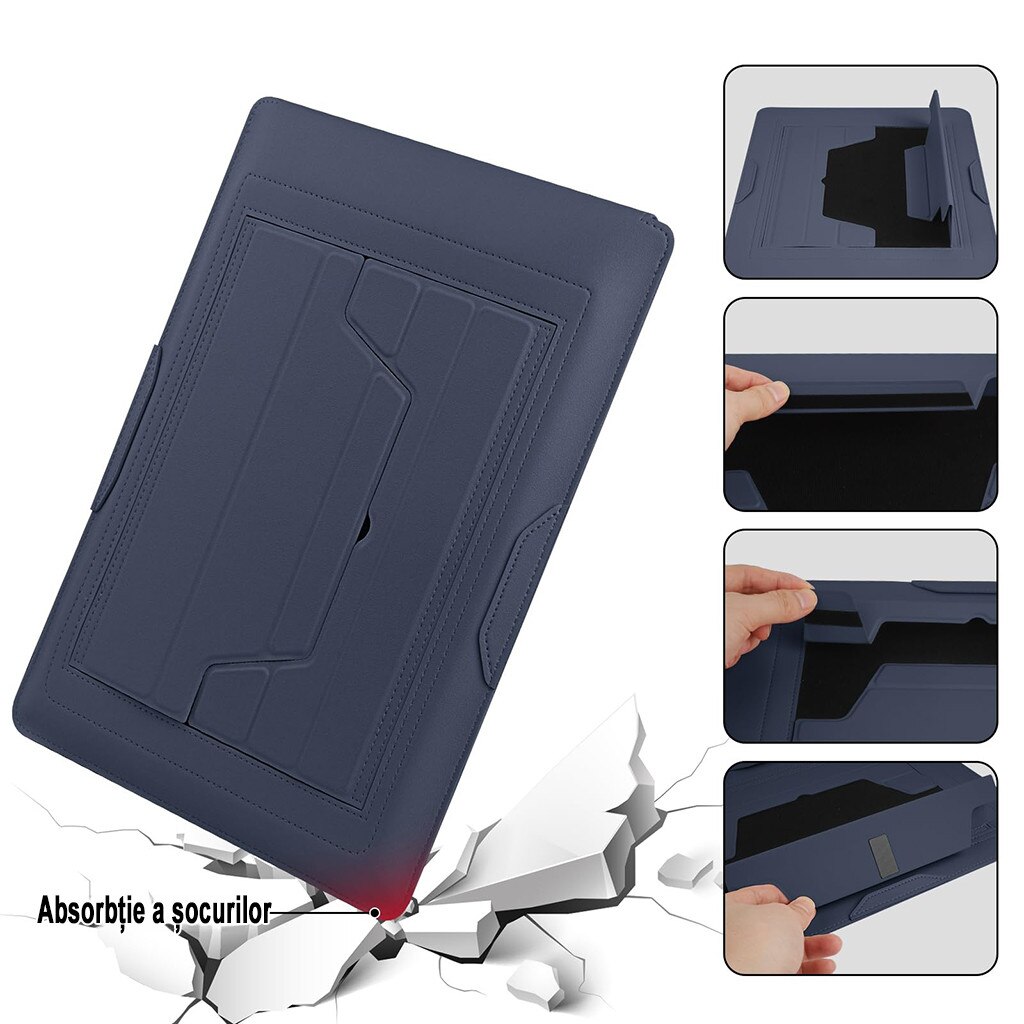 Husa Laptop 15-16 inch, oein®, 3 in 1 cu foldable stand, compatibila cu MacBook Air, MacBook Pro, Piele Ecologica, Marime Universala, 38 x 28 cm, Albastru inchis