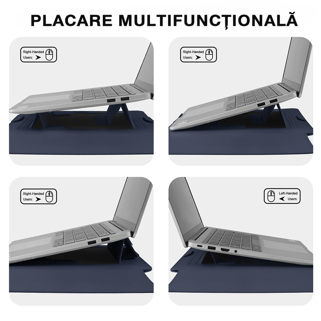 Husa Laptop 15-16 inch, oein®, 3 in 1 cu foldable stand, compatibila cu MacBook Air, MacBook Pro, Piele Ecologica, Marime Universala, 38 x 28 cm, Albastru inchis