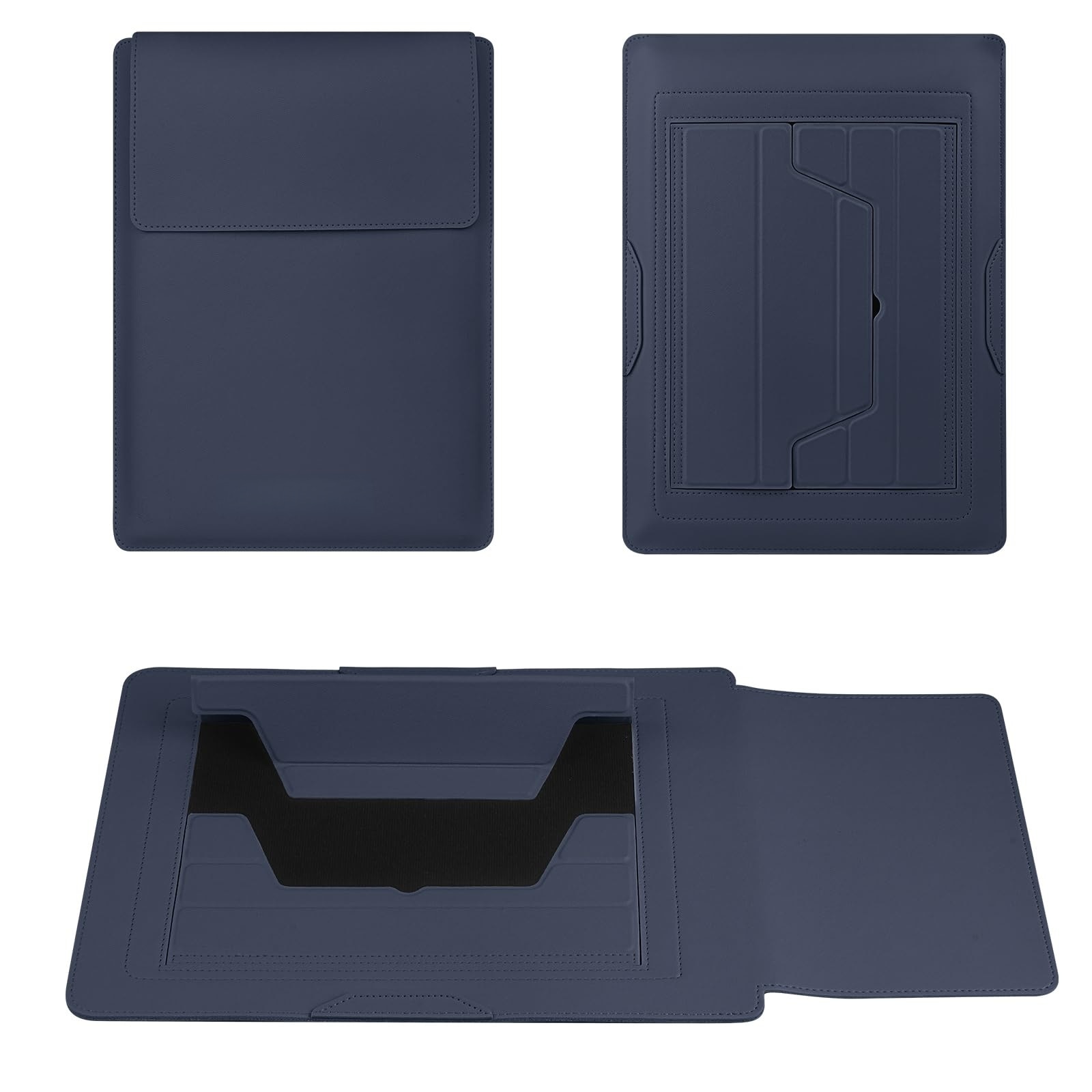 Husa Laptop 15-16 inch, oein®, 3 in 1 cu foldable stand, compatibila cu MacBook Air, MacBook Pro, Piele Ecologica, Marime Universala, 38 x 28 cm, Albastru inchis