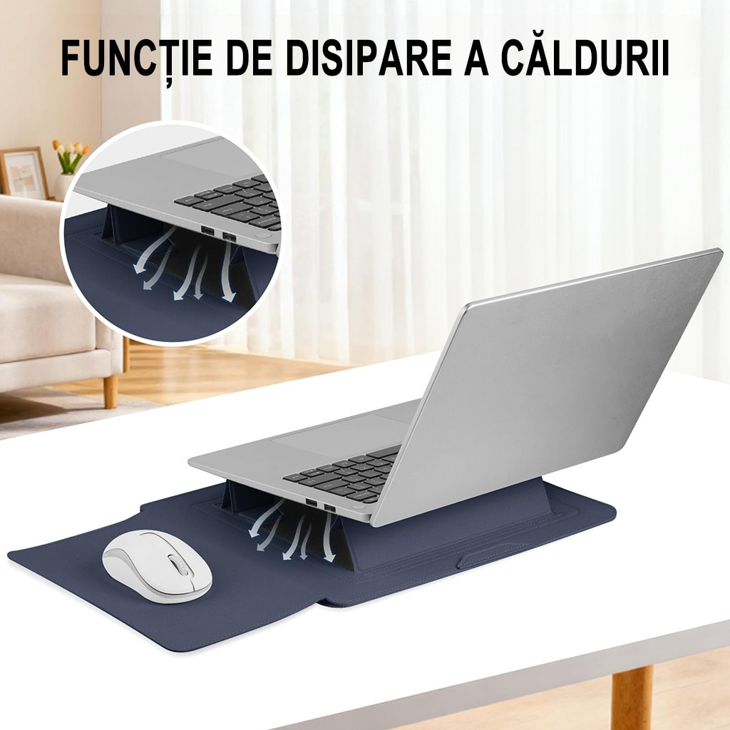 Husa Laptop 15-16 inch, oein®, 3 in 1 cu foldable stand, compatibila cu MacBook Air, MacBook Pro, Piele Ecologica, Marime Universala, 38 x 28 cm, Albastru inchis