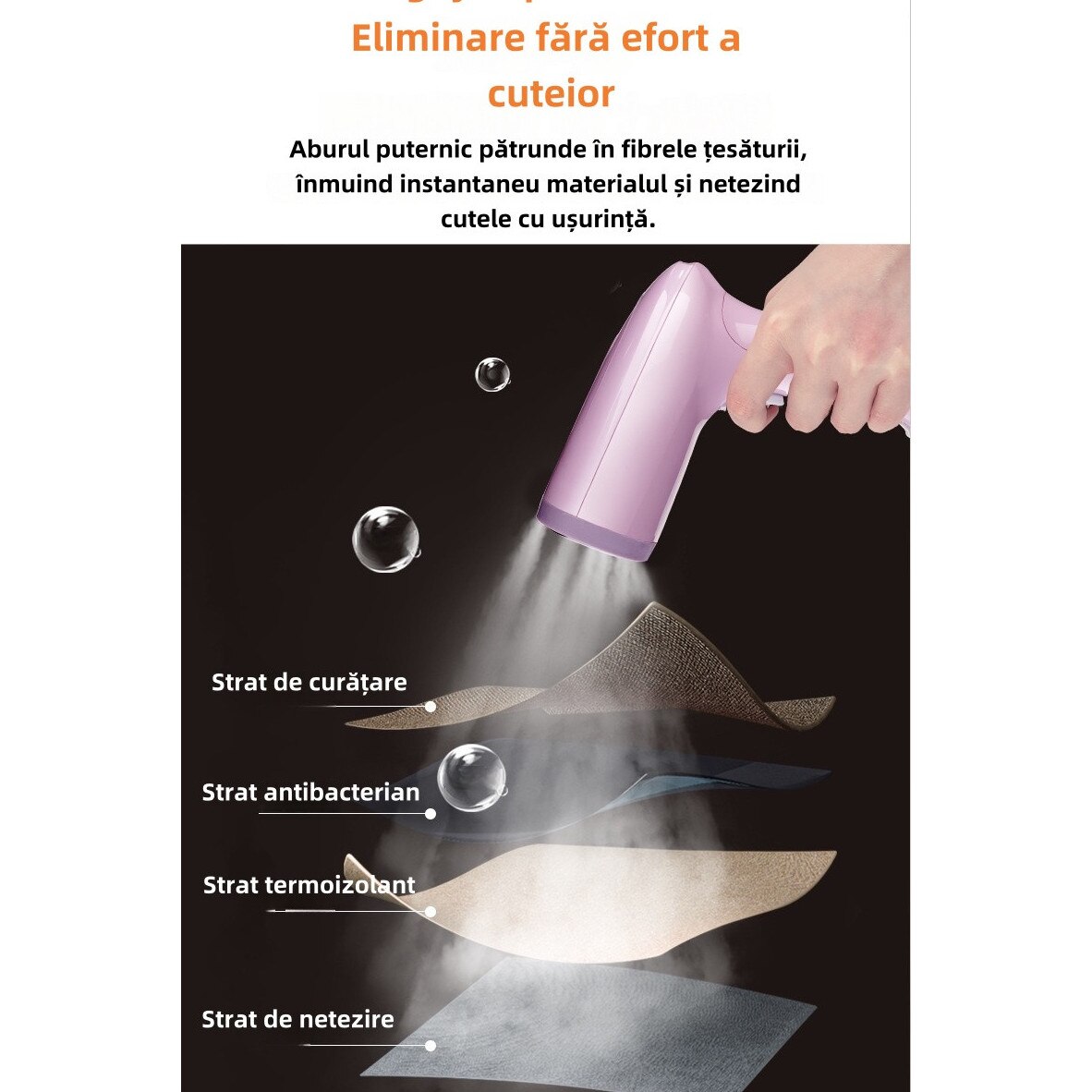 Fier de calcat cu abur portabil, 1500W, 350ml, set complet, roz, 28x13cm
